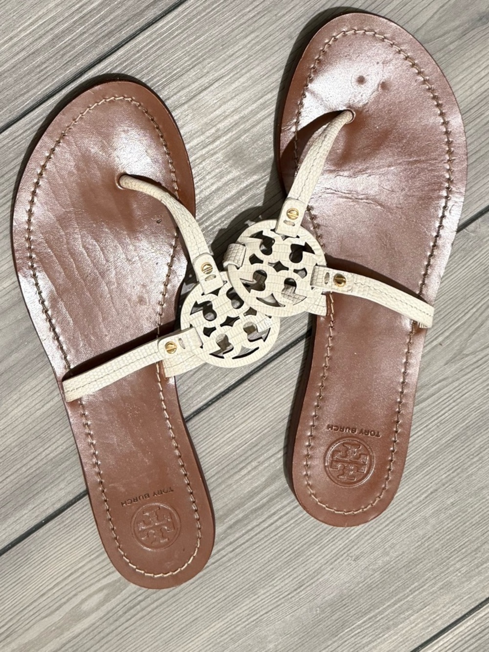 Tory Burch Brown Leather Sandals with Cream Logo Medallions